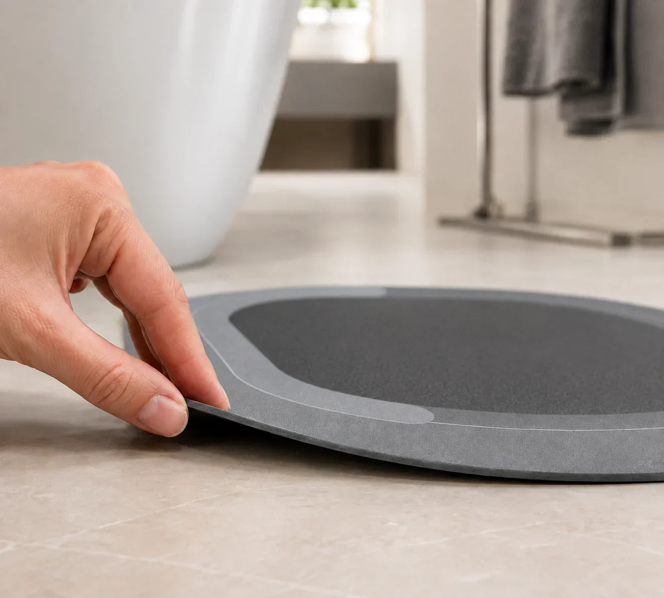 A hand lifting the thin edge to show the mat's flexibility