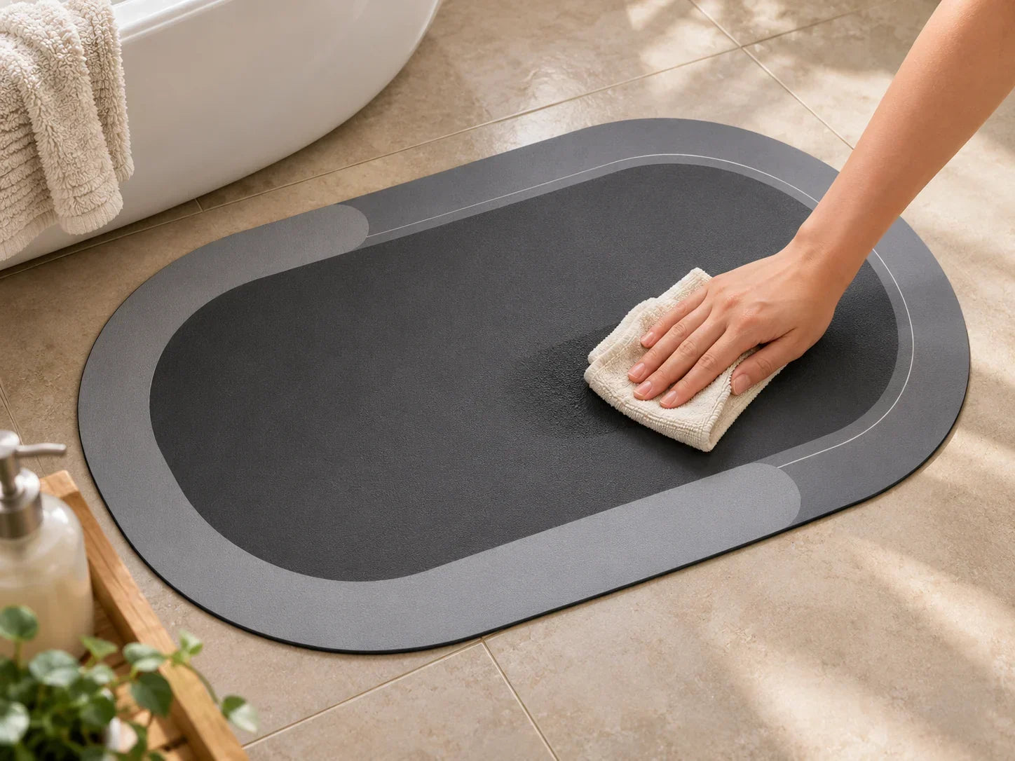 A hand wiping the charcoal DryFloor mat with a folded damp cloth beside a bath